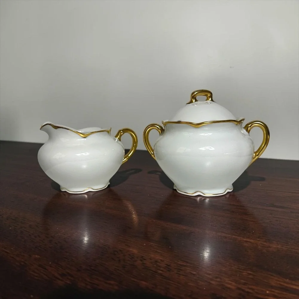Vintage Epiag Royal Czechoslovakia White Porcelain Gold Trim Sugar & Creamer Set